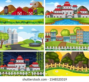 A set of outdoor scene including barn illustration
