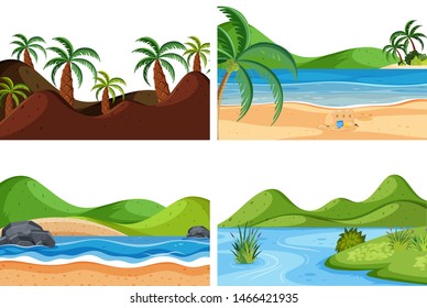 A set of outdoor scene including beach illustration