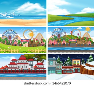 A set of outdoor scene including beach illustration