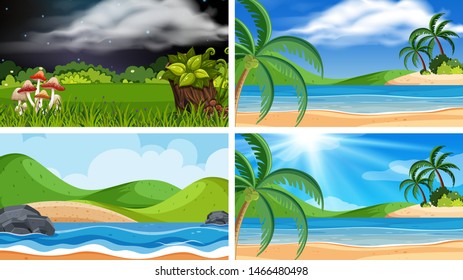 Un conjunto de escenas al aire libre que incluyen ilustración de la playa