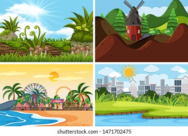 A set of outdoor scene including beach illustration