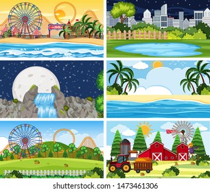 Un conjunto de escenas al aire libre que incluyen ilustración de la playa