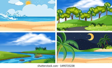 Eine Reihe von Outdoor-Szenen mit Strandgrafik