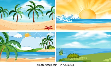 A set of outdoor scene including beaches illustration