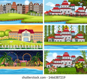 A set of outdoor scene including building illustration