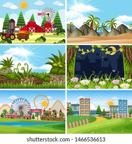 Un conjunto de escenas al aire libre que incluyen ilustración de la construcción