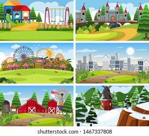 Un conjunto de escenas al aire libre que incluyen ilustración de la construcción