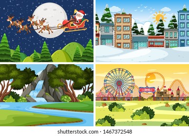 A set of outdoor scene including building illustration