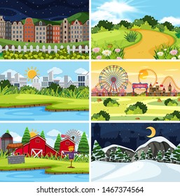 A set of outdoor scene including building illustration