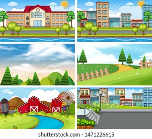 A set of outdoor scene including building illustration