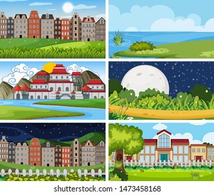 A set of outdoor scene including building illustration