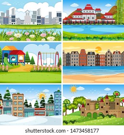 A set of outdoor scene including building illustration