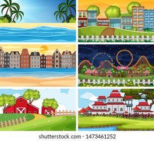 Un conjunto de escenas al aire libre que incluyen ilustración de la construcción