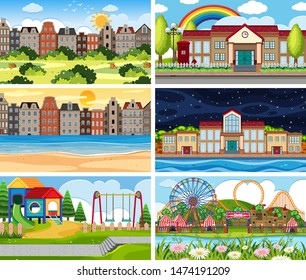 A set of outdoor scene including building illustration