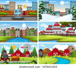 A set of outdoor scene including building illustration