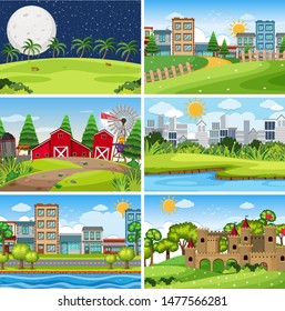 Un conjunto de escenas al aire libre que incluyen ilustración de la construcción