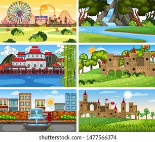 A set of outdoor scene including building illustration