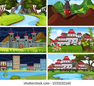 Un conjunto de escenas al aire libre que incluyen ilustración de la construcción