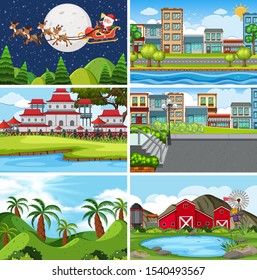 A set of outdoor scene including building illustration