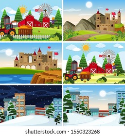 Un conjunto de escenas al aire libre que incluyen ilustración de la construcción