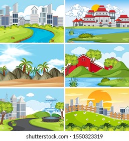 A set of outdoor scene including building illustration