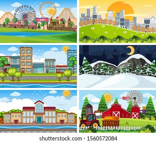 A set of outdoor scene including building illustration
