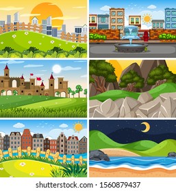 A set of outdoor scene including building illustration
