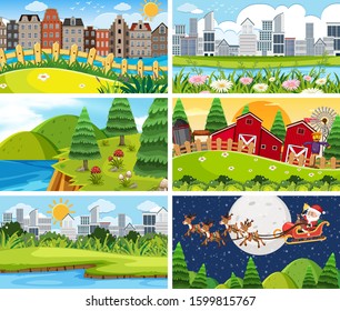 A set of outdoor scene including building illustration