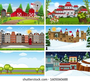 A set of outdoor scene including building illustration