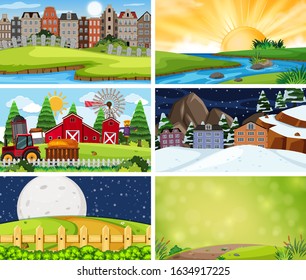 Un conjunto de escenas al aire libre que incluyen ilustración de la construcción