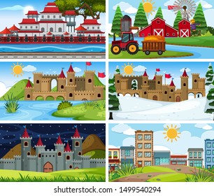 A set of outdoor scene including castle illustration