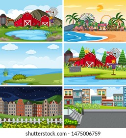A set of outdoor scene including farm illustration