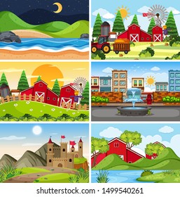 A set of outdoor scene including farm illustration