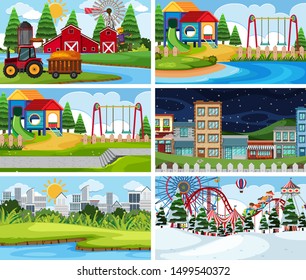 A set of outdoor scene including farm illustration