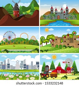 A set of outdoor scene including farm illustration