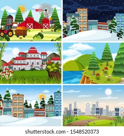 A set of outdoor scene including farm illustration