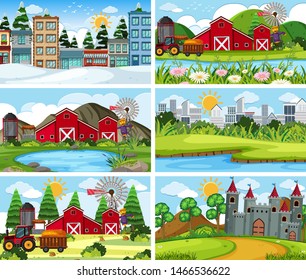 A set of outdoor scene including farmland illustration