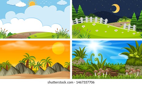 Un conjunto de escenas al aire libre que incluye ilustración de campo