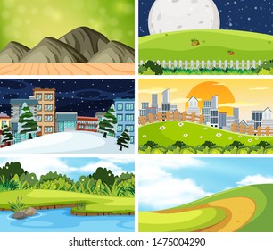 Un conjunto de escenas al aire libre que incluye ilustración de campo