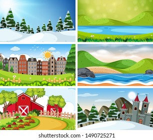 Un conjunto de escenas al aire libre que incluye ilustración de campo