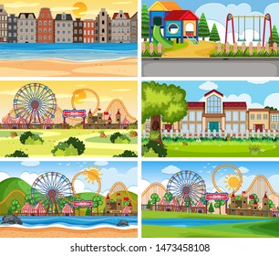 A set of outdoor scene including funfair illustration