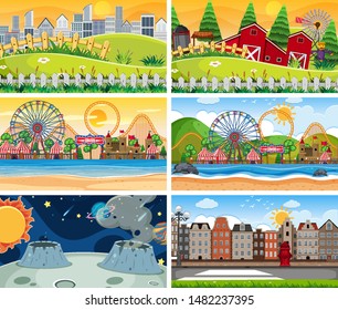 A set of outdoor scene including funfair illustration