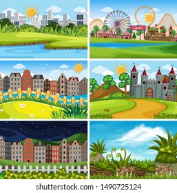 Un conjunto de escenas al aire libre que incluyen ilustración de parque