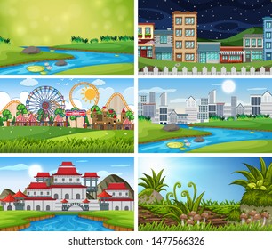 A set of outdoor scene including river illustration