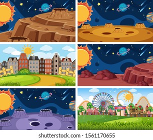 A set of outdoor scene including space illustration