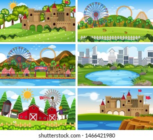 A set of outdoor scene including water illustration