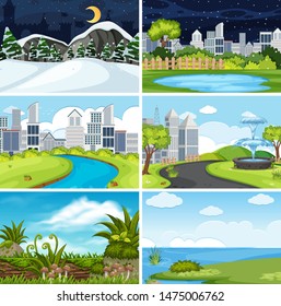 A set of outdoor scene including water illustration