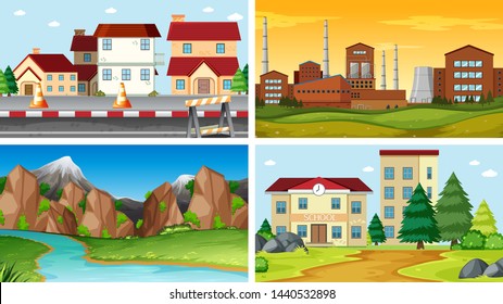Set of outdoor scenes illustration