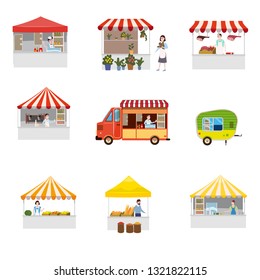 Set outdoor street food festival canopy tent pavilion shopping stall kiosk. Template, flyer, baner, invitation, card poster. Cartoon flat colorful vector illustration