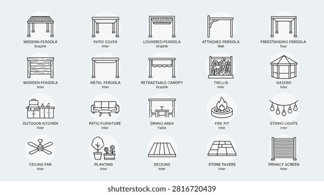 Set of outdoor structure icons. Includes modern pergola, patio cover.